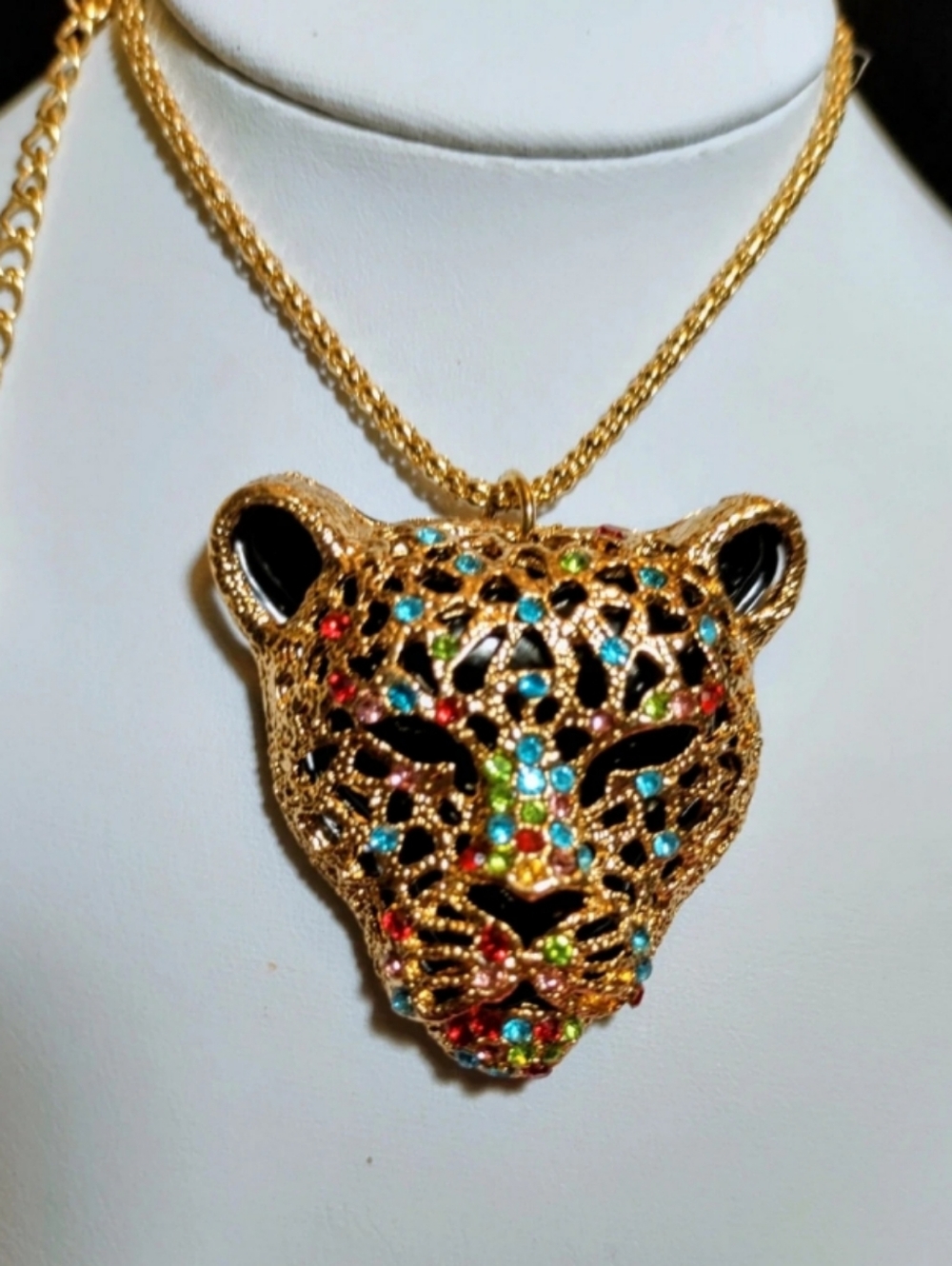 Betsey Johnson Gold Leopard Head Pendant Necklace with Multicolor Stones